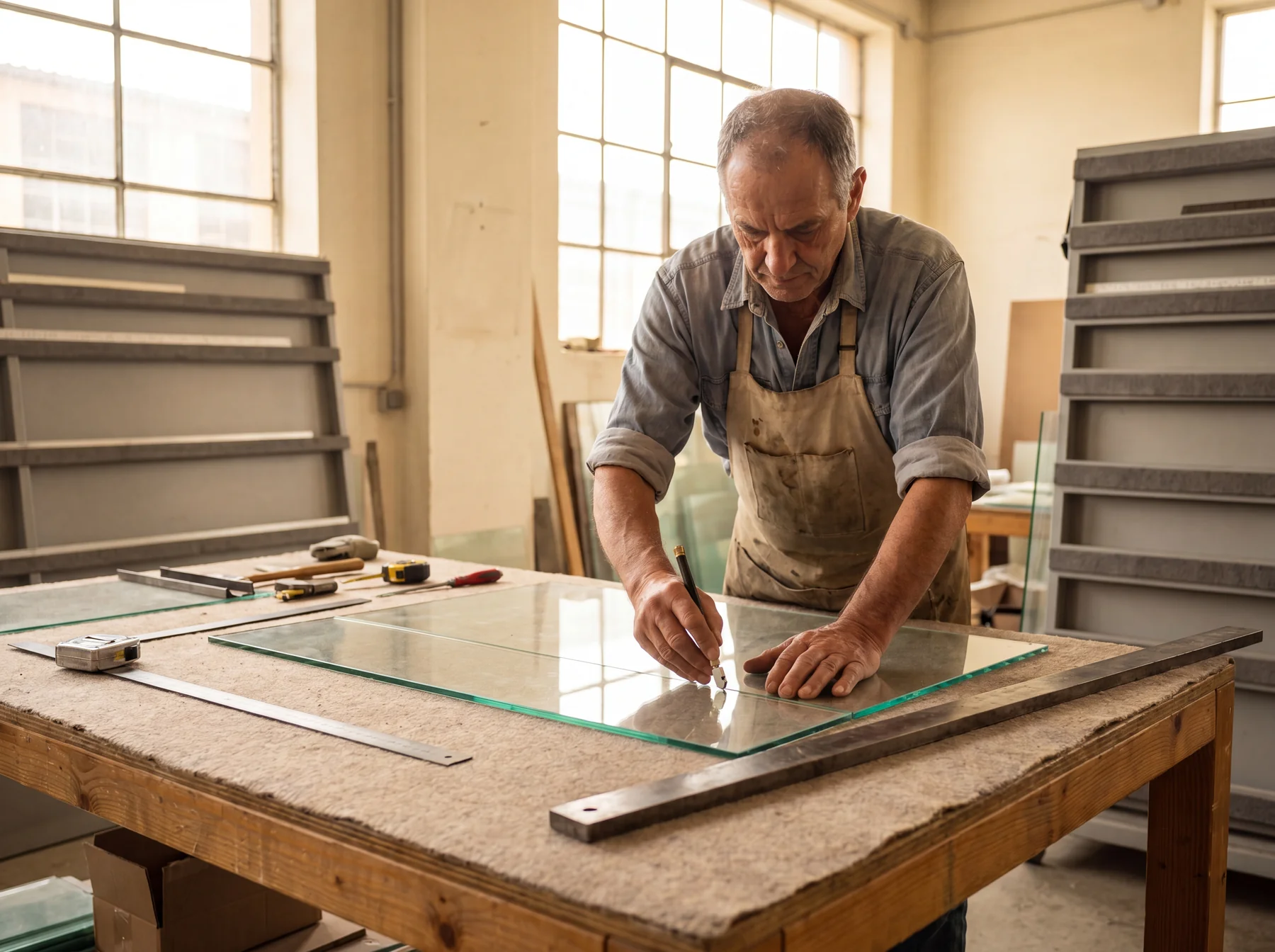 Découpe de verre sur table en atelier