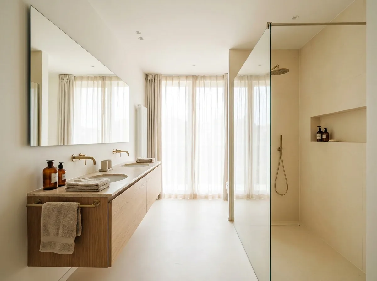 Salle de bain avec miroir sur mesure et paroi de douche